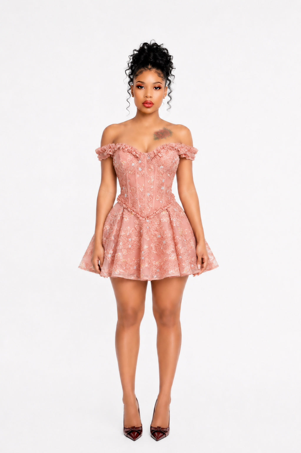 Ruffle Bardot Floral A Line Dress Coral Pink