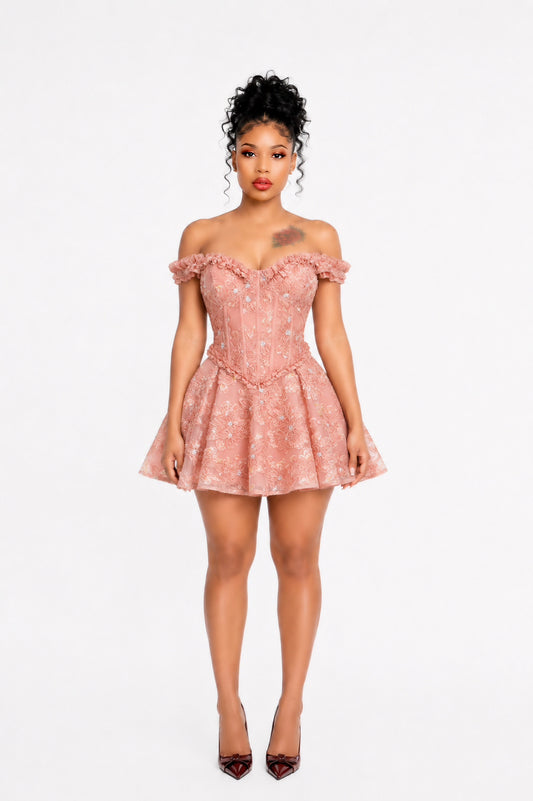 Ruffle Bardot Floral A Line Dress Coral Pink