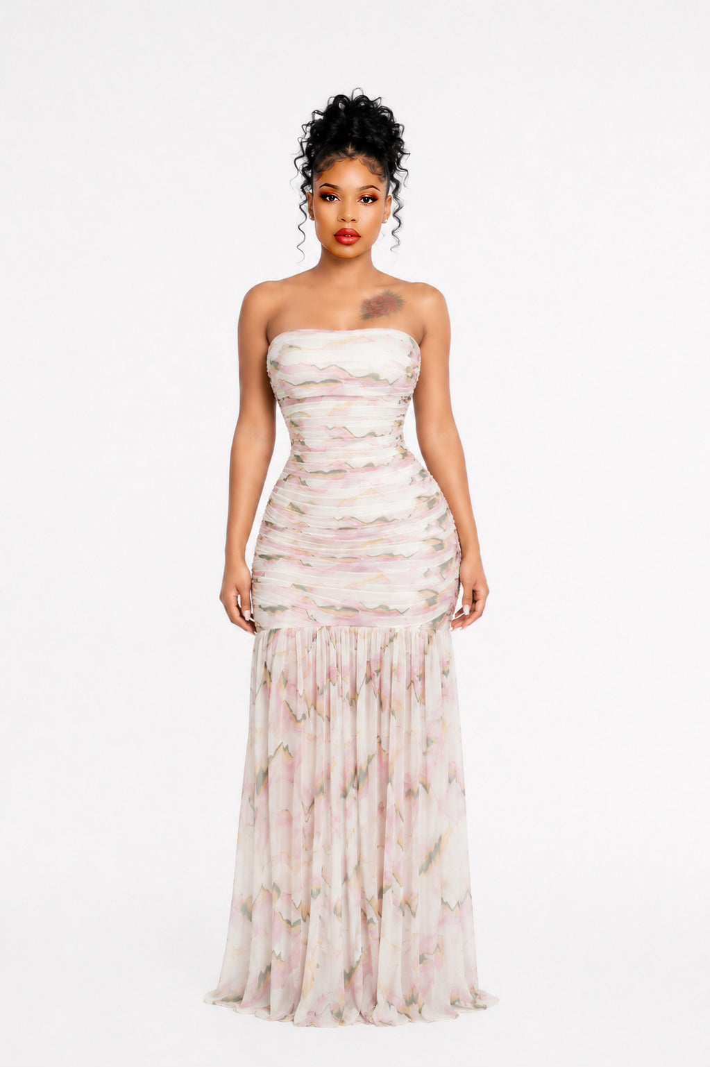 Strapless Draped A Line Maxi Dress Floral