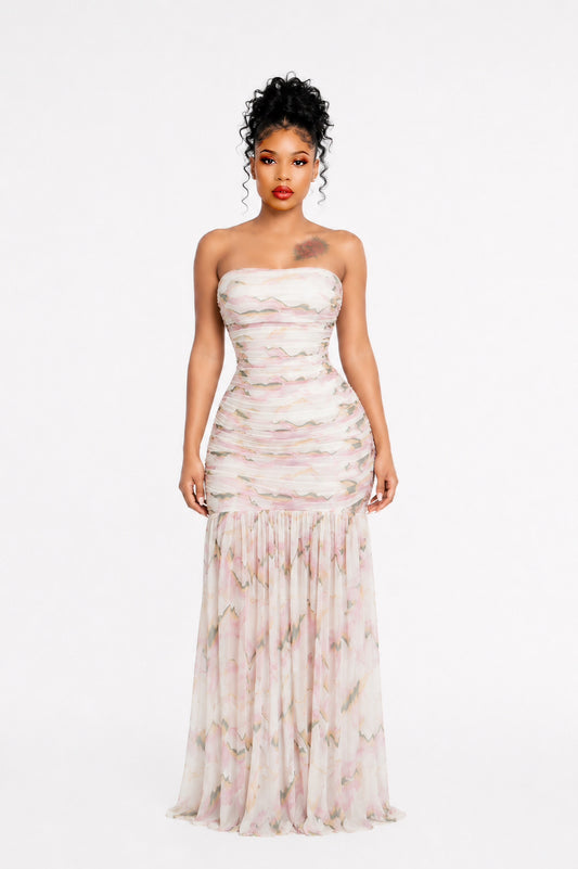 Strapless Draped A Line Maxi Dress Floral