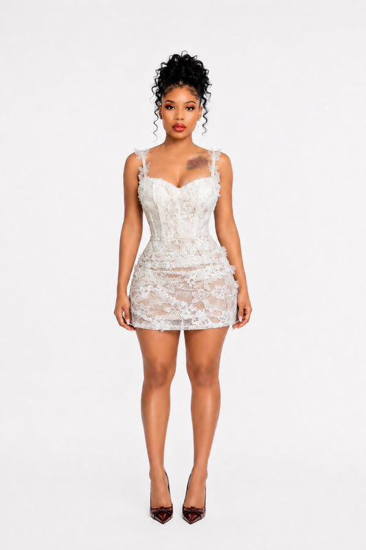 Floral Butterfly Lace A Line Dress White