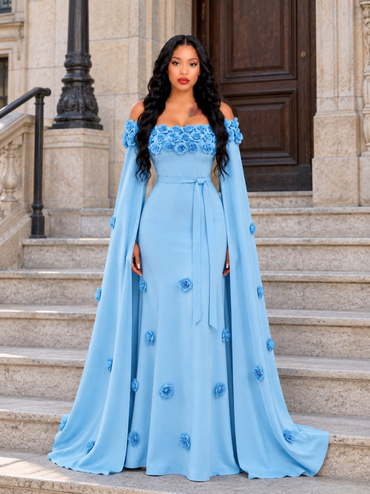 Floral Cape Sleeve Maxi Dress Blue