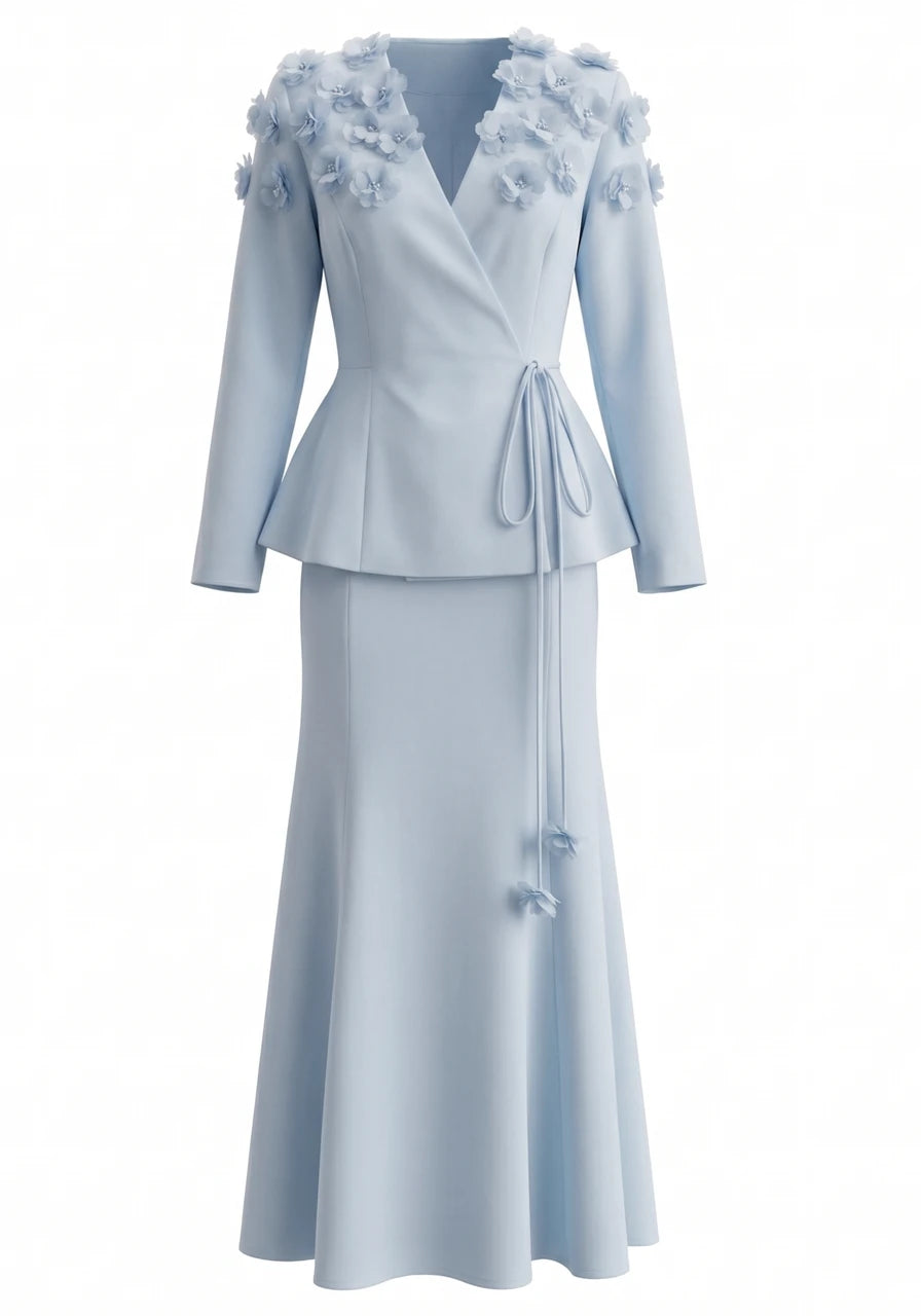 Long Sleeve Floral A Line Two Piece Maxi Dress Light Blue