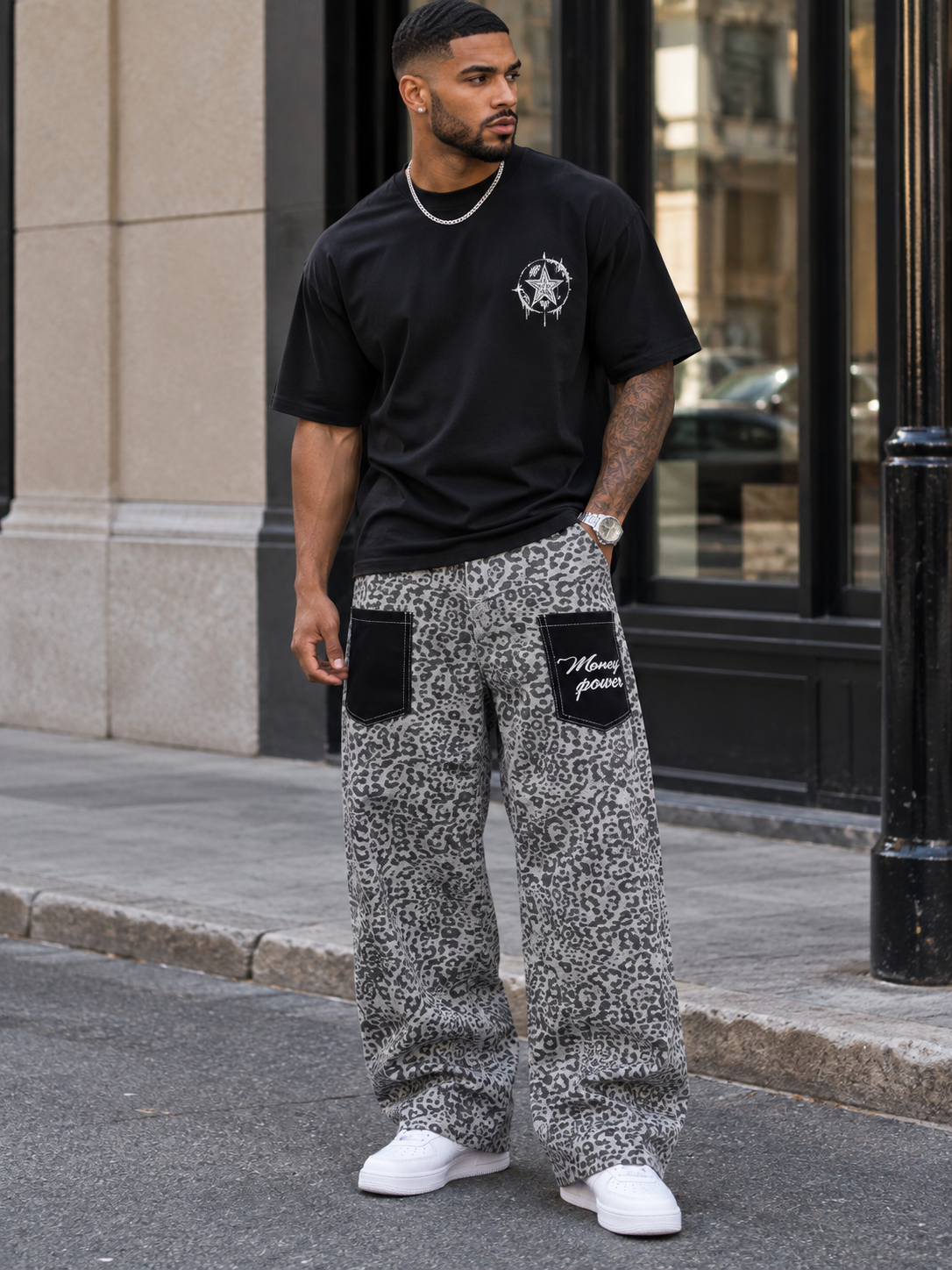 Men's Full Size Contrast Pockets Leopard Print Wide-Leg Jeans Plus Size