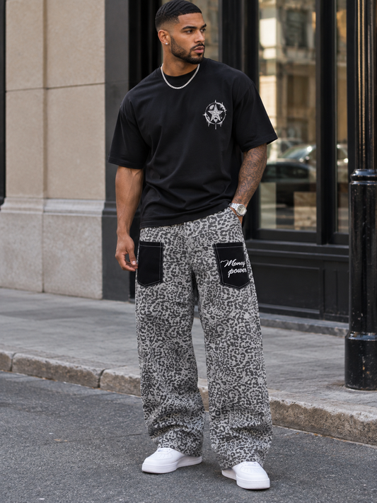 Men's Full Size Contrast Pockets Leopard Print Wide-Leg Jeans Plus Size