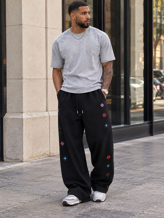 Men's Embroidered Wide-Leg Casual Pants