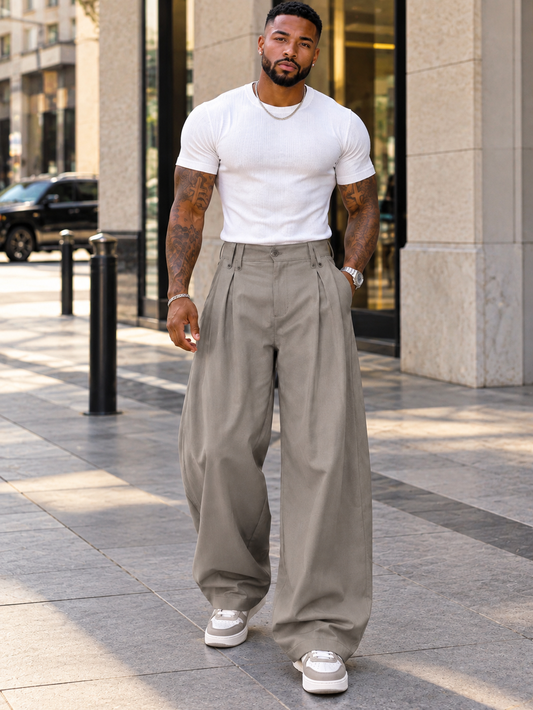 Men's High-Waisted Wide-Leg Pleated Casual Pants