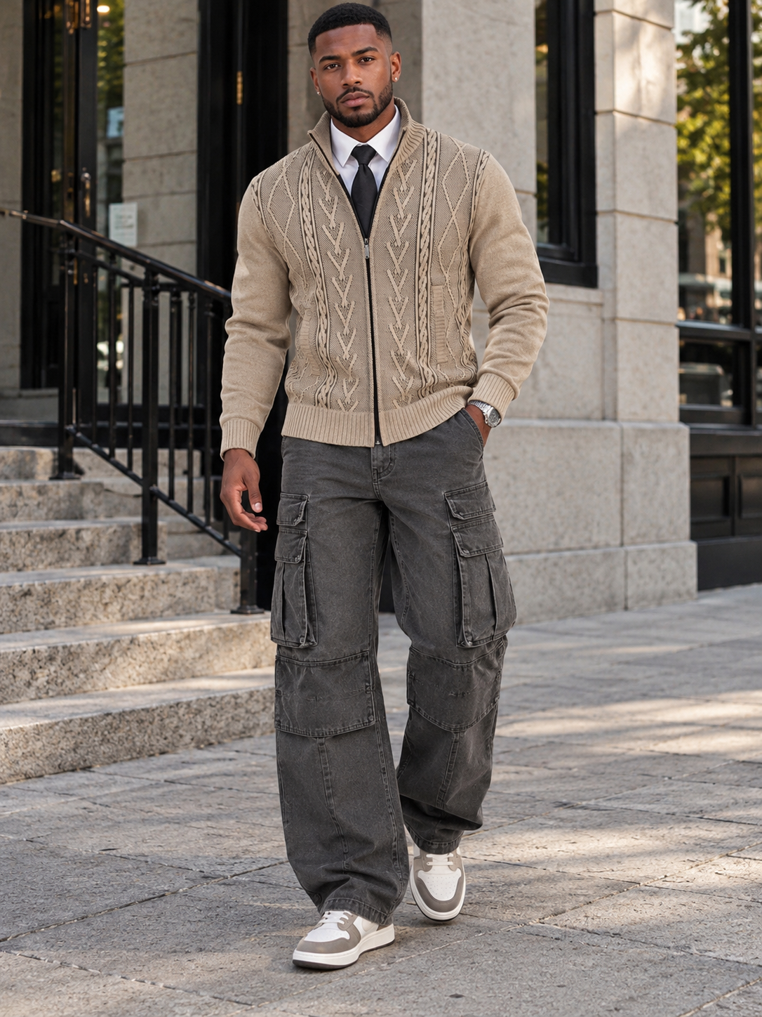 Men's Plus Size Stand-Collar Full-Zip Cable Knit Cardigan