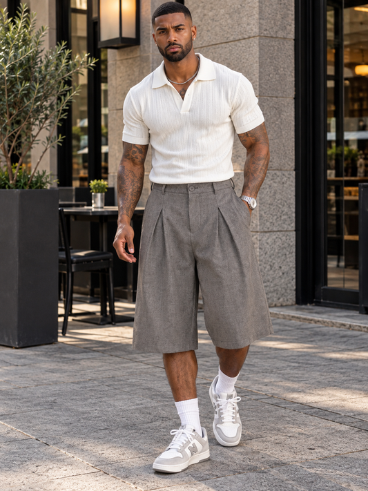 Men's High-Waisted Pleated Wide-Leg Capri Pants