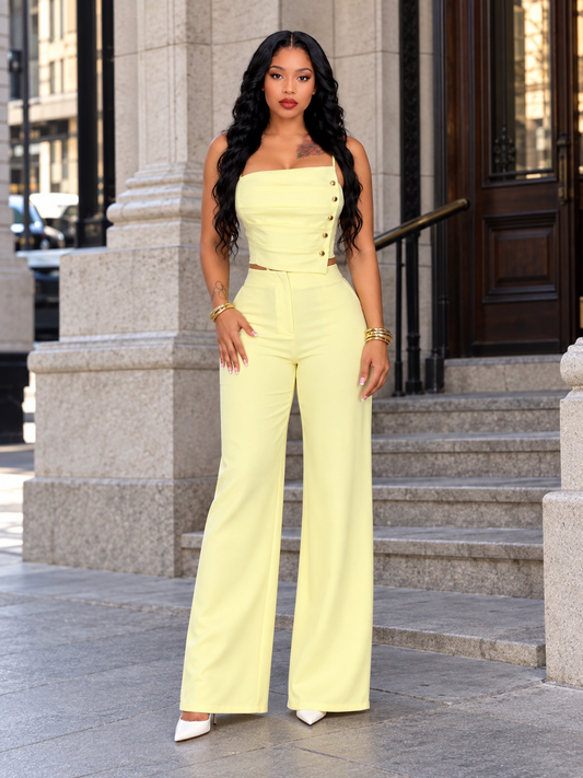 Decorative Button Smocked Back Cami and Wide Leg Pants Set