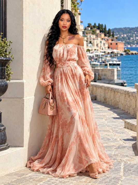 Off-Shoulder Balloon Sleeves Maxi Dress