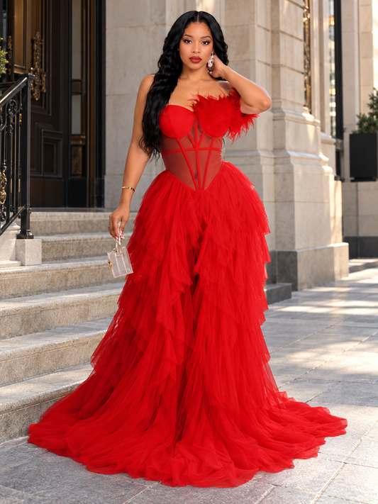 Feathered Corset Tulle Evening Dress