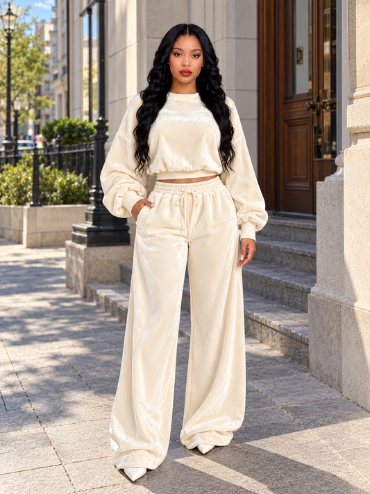Full Size Cropped Sweatshirt and Wide-Leg Pants Set Plus Size