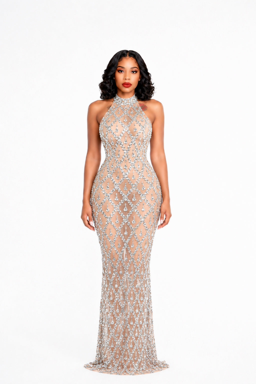 Halter Crystal Embellished Maxi Dress Nude
