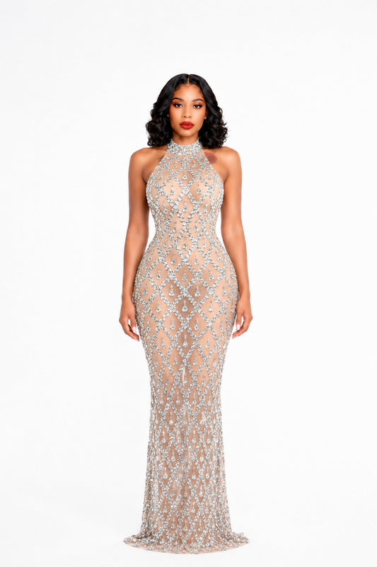 Halter Crystal Embellished Maxi Dress Nude