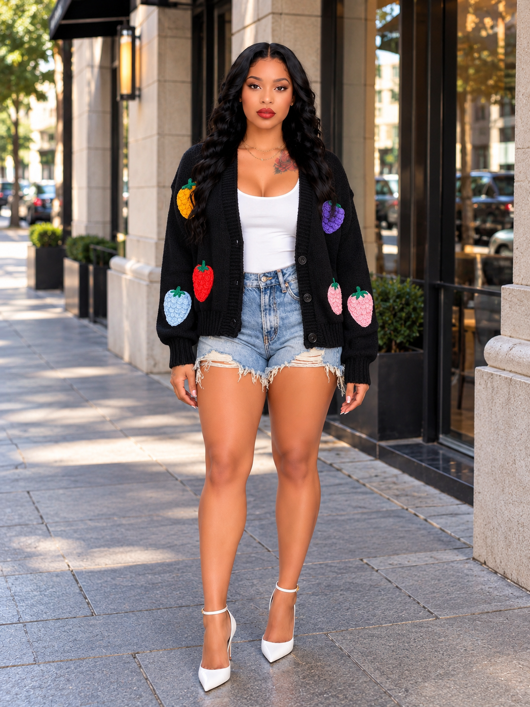 Full Size Fruit Applique Knit Cardigan Plus Size