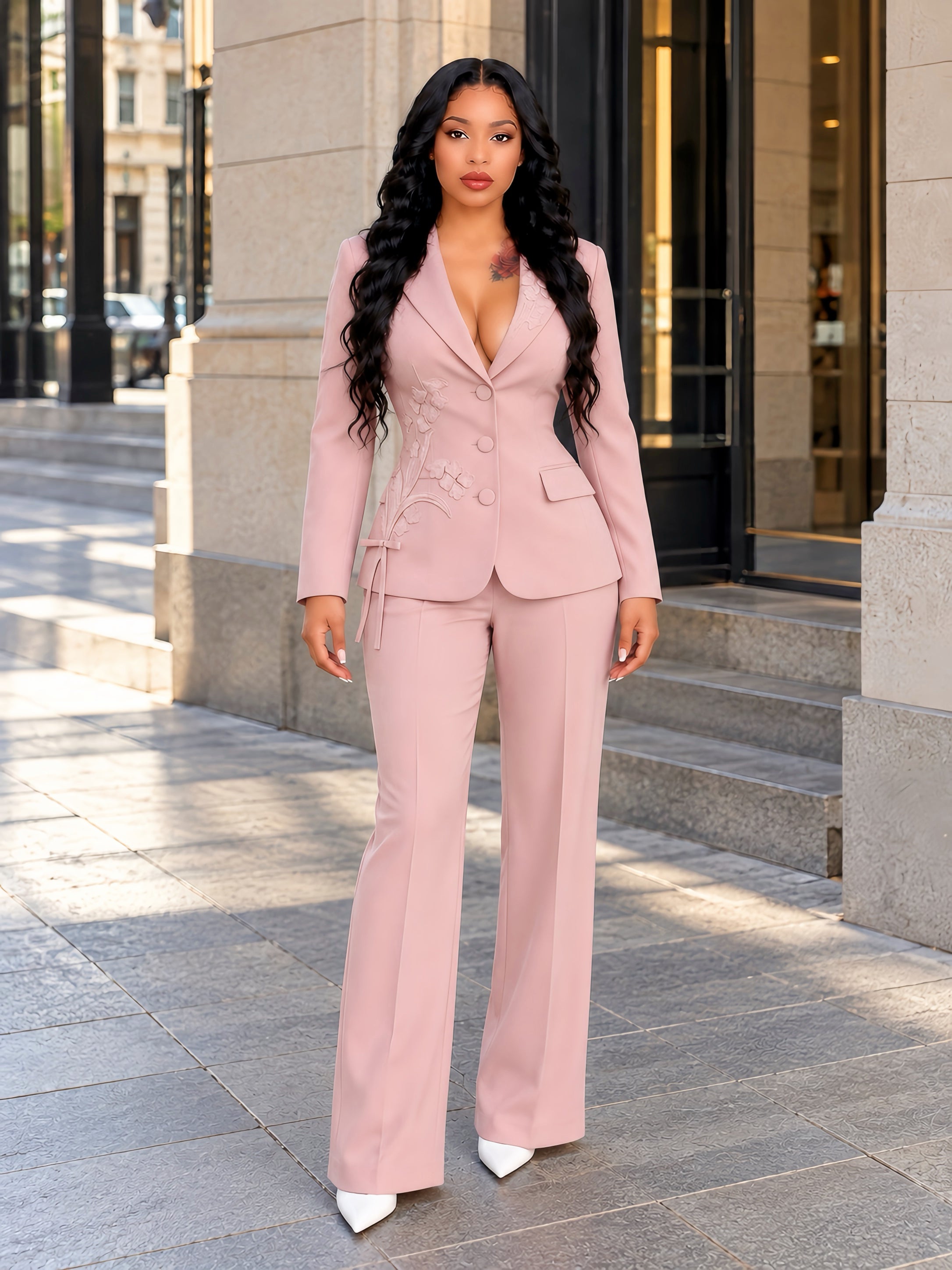 Long Sleeve Floral Embroidered Suit Pink