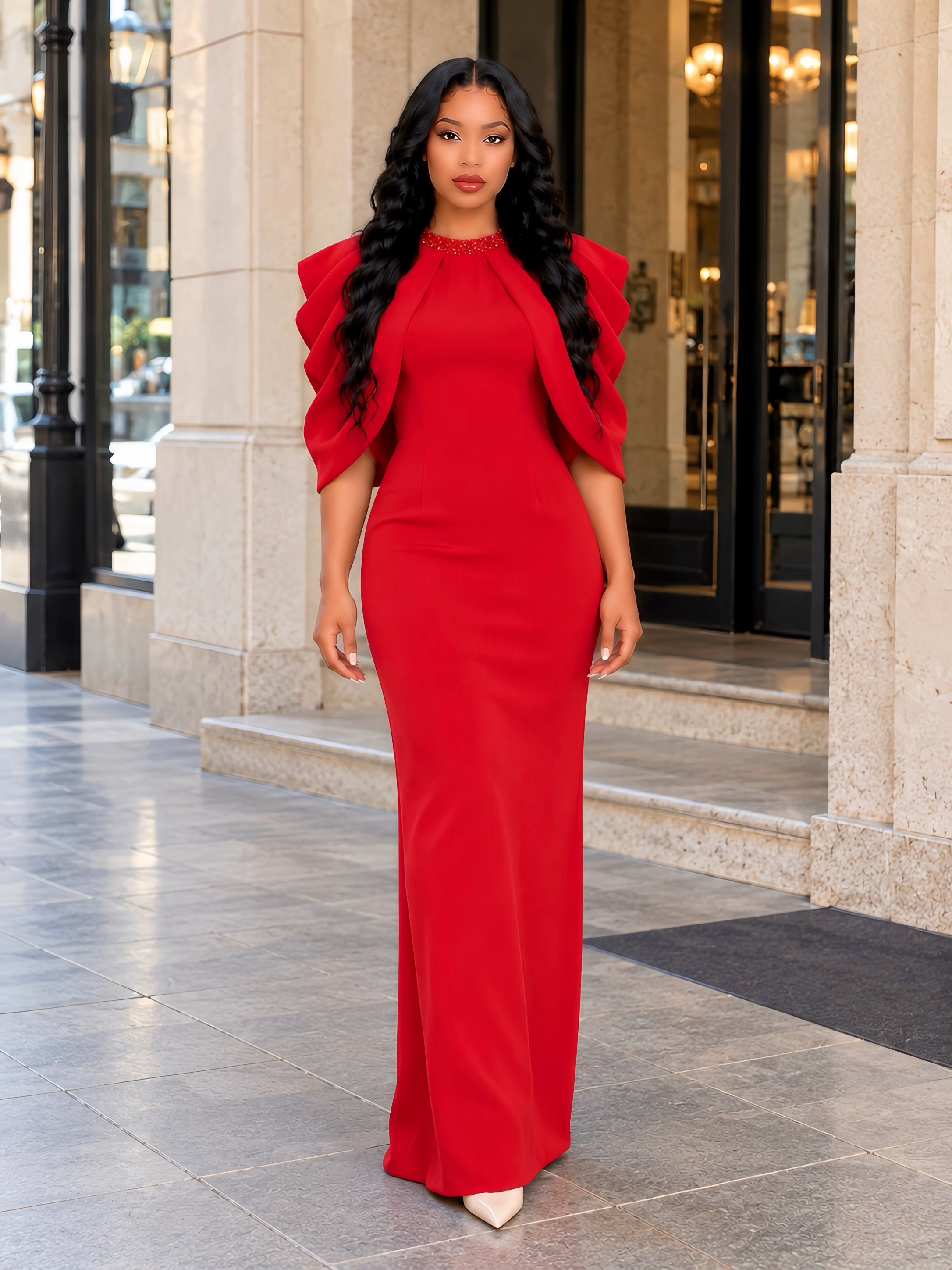 Embellished Neckline Draped Maxi Dress Red