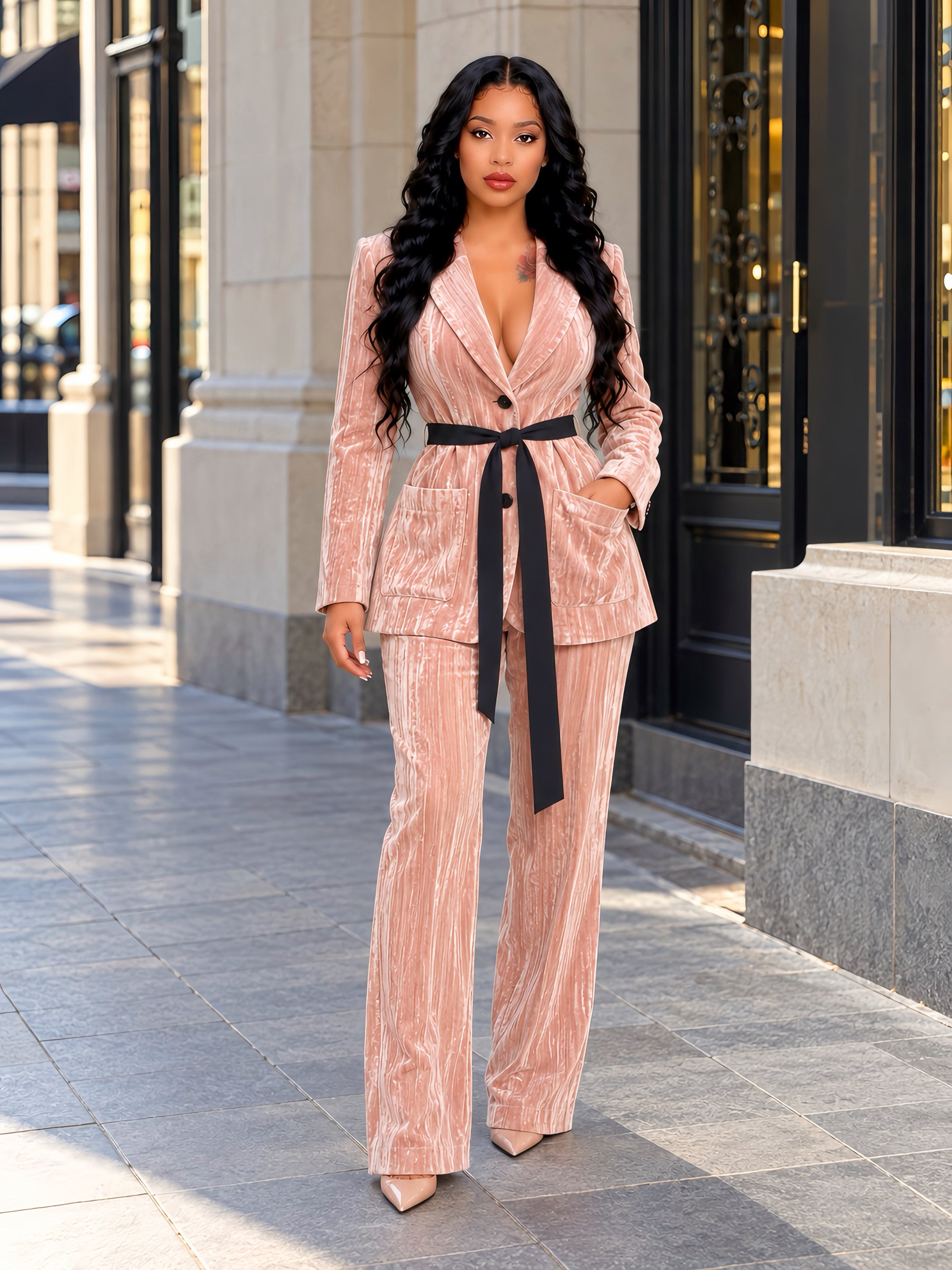 Long Sleeve Velvet Suit Nude