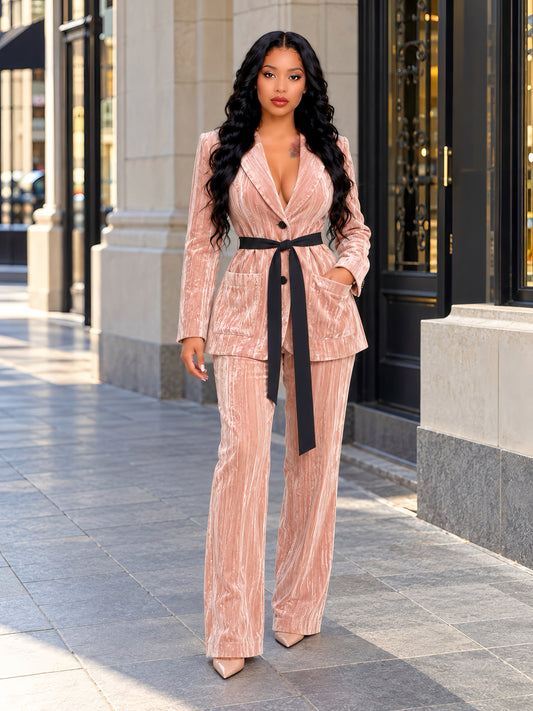 Long Sleeve Velvet Suit Nude