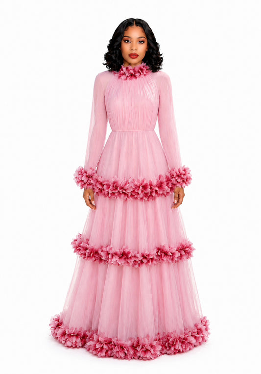 Long Sleeve Feather A Line Maxi Dress Pink