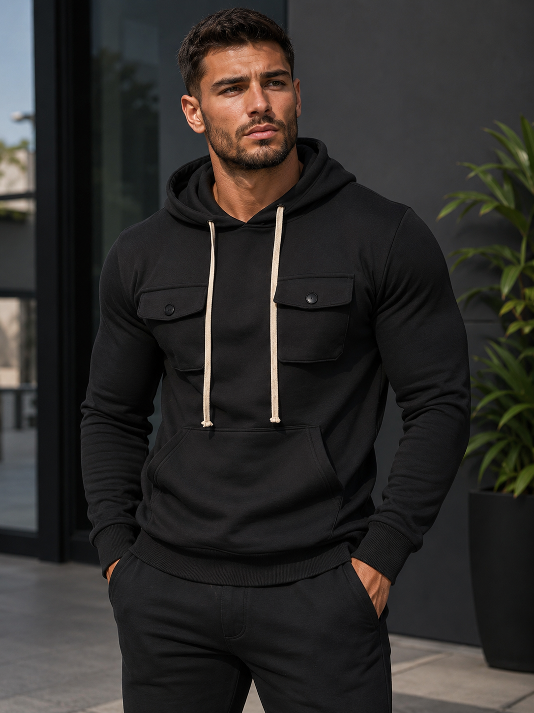Men's Full Size Fleece Hoodie with Dual Chest Pockets Plus Size