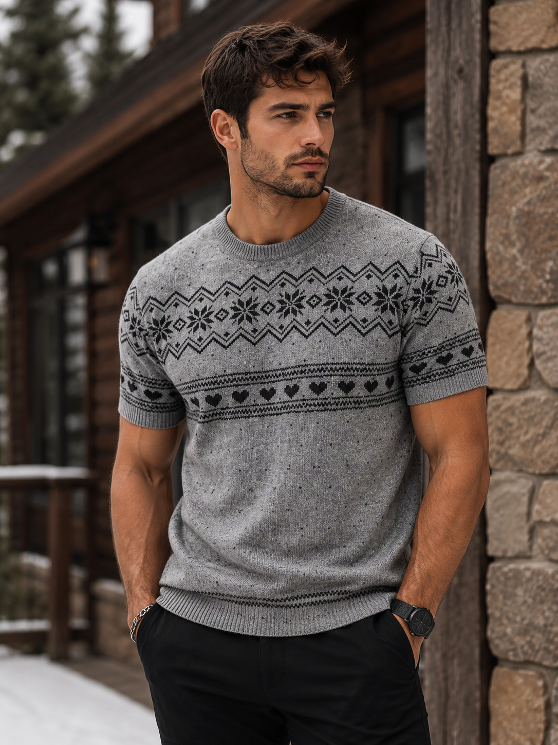 Men's Short-Sleeve Knit Top with Fair Isle and Heart Pattern