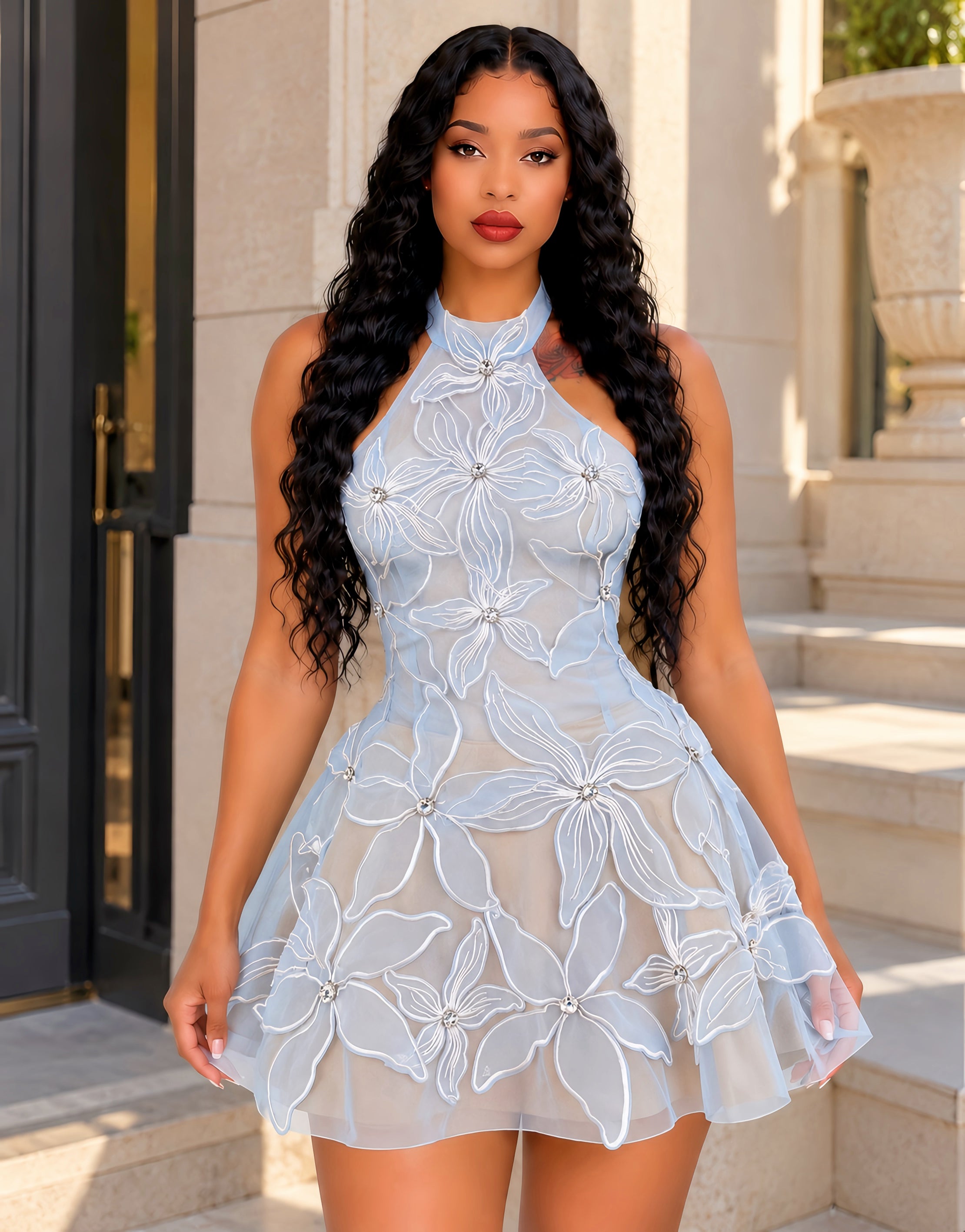 Halter Floral Embroidered A Line Dress Light Blue