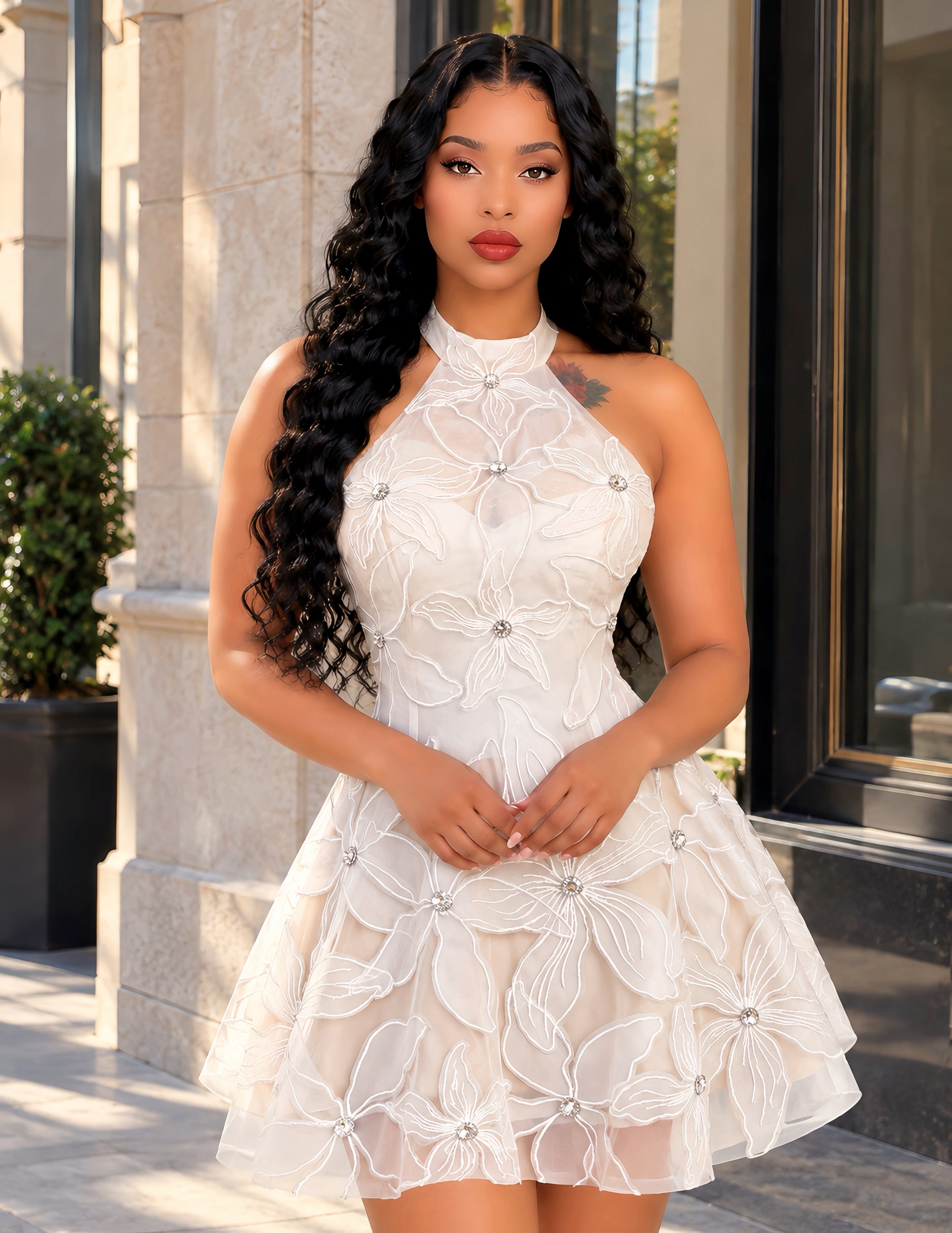 Halter Floral Embroidered A Line Dress White