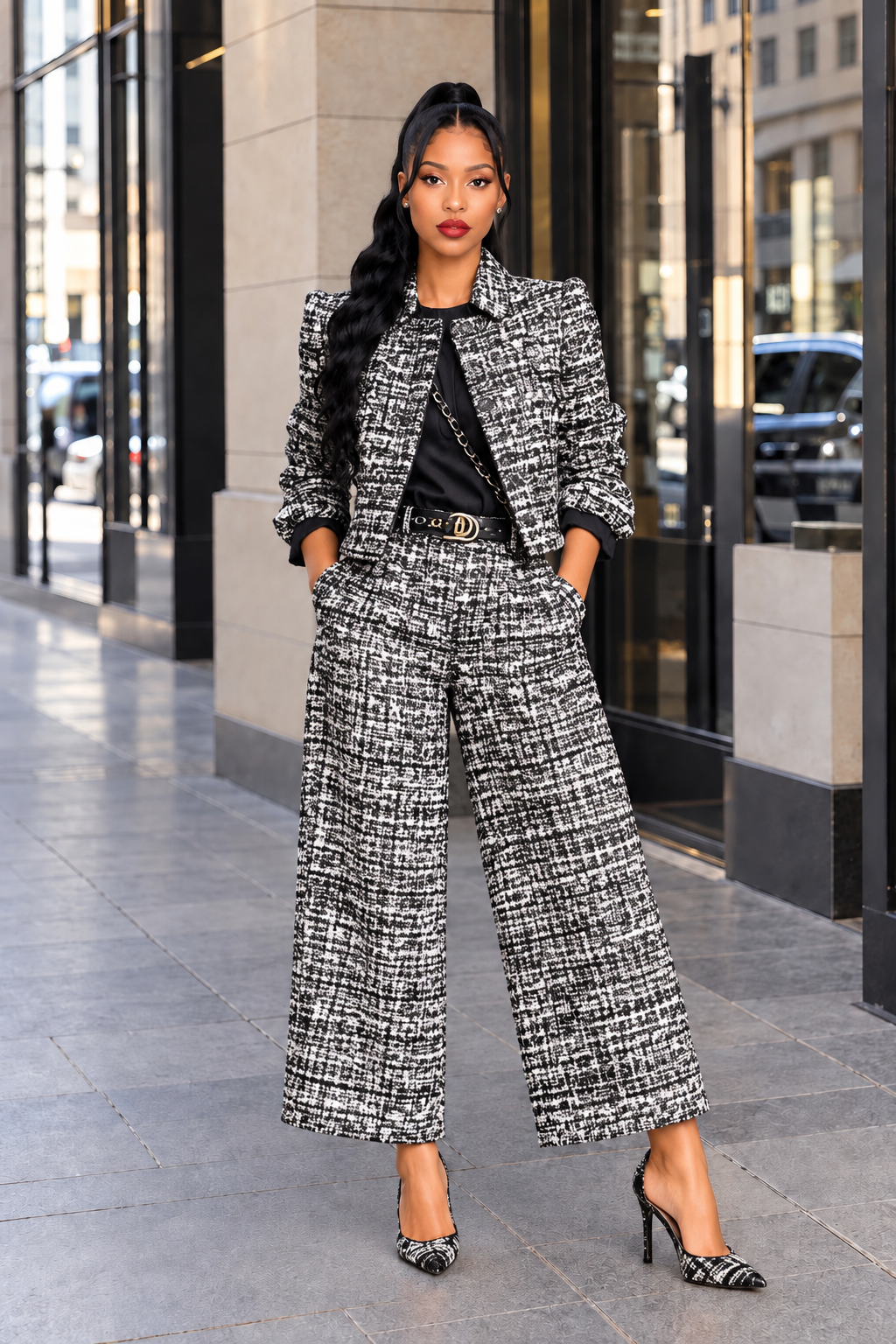 Full Size Tweed Cropped Jacket and Wide-Leg Pants Two-Piece Set Plus Size