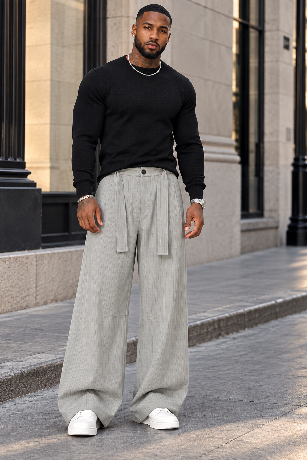 Men's Plus Size High-Waisted Striped Wide-Leg Pants