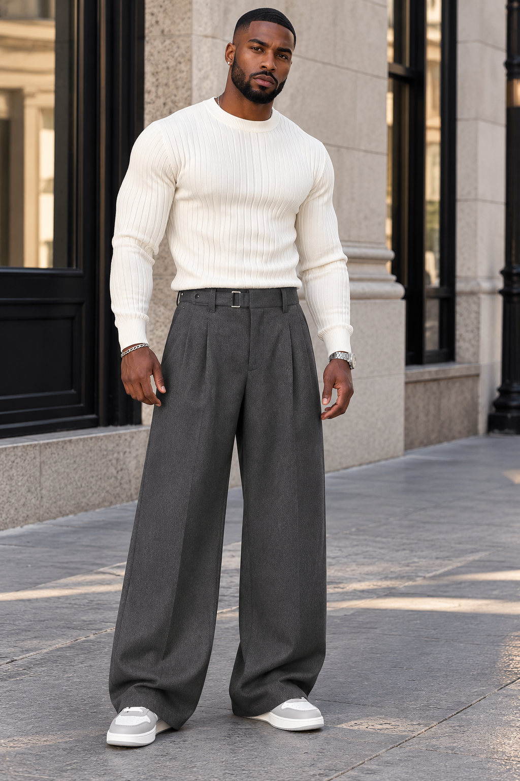 Men's High-Waisted Wide-Leg Pleated Pants