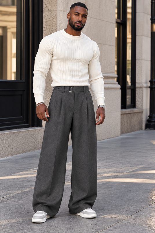 Men's High-Waisted Wide-Leg Pleated Pants