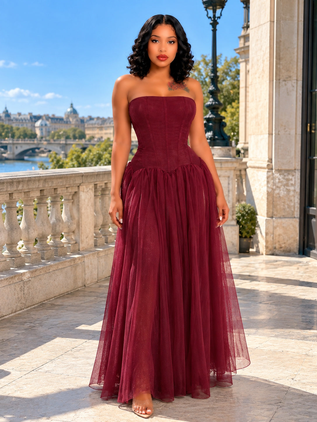 Strapless Structured A Line Maxi Dress Burgundy