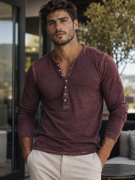 Men's Full Size Retro Long Sleeve Henley T-Shirt Plus Size