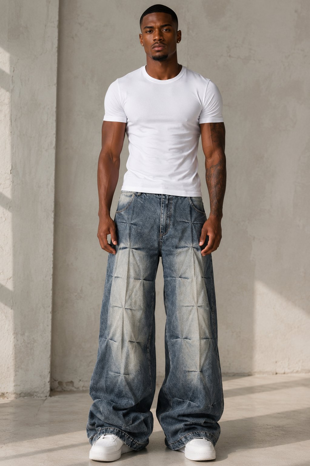 Men's Ruched Wide Leg Jeans