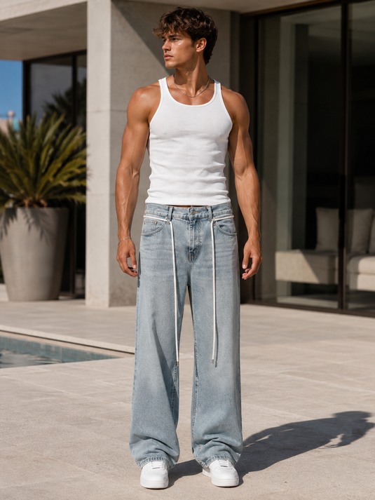 Men's High Waist Washed Straight Jeans