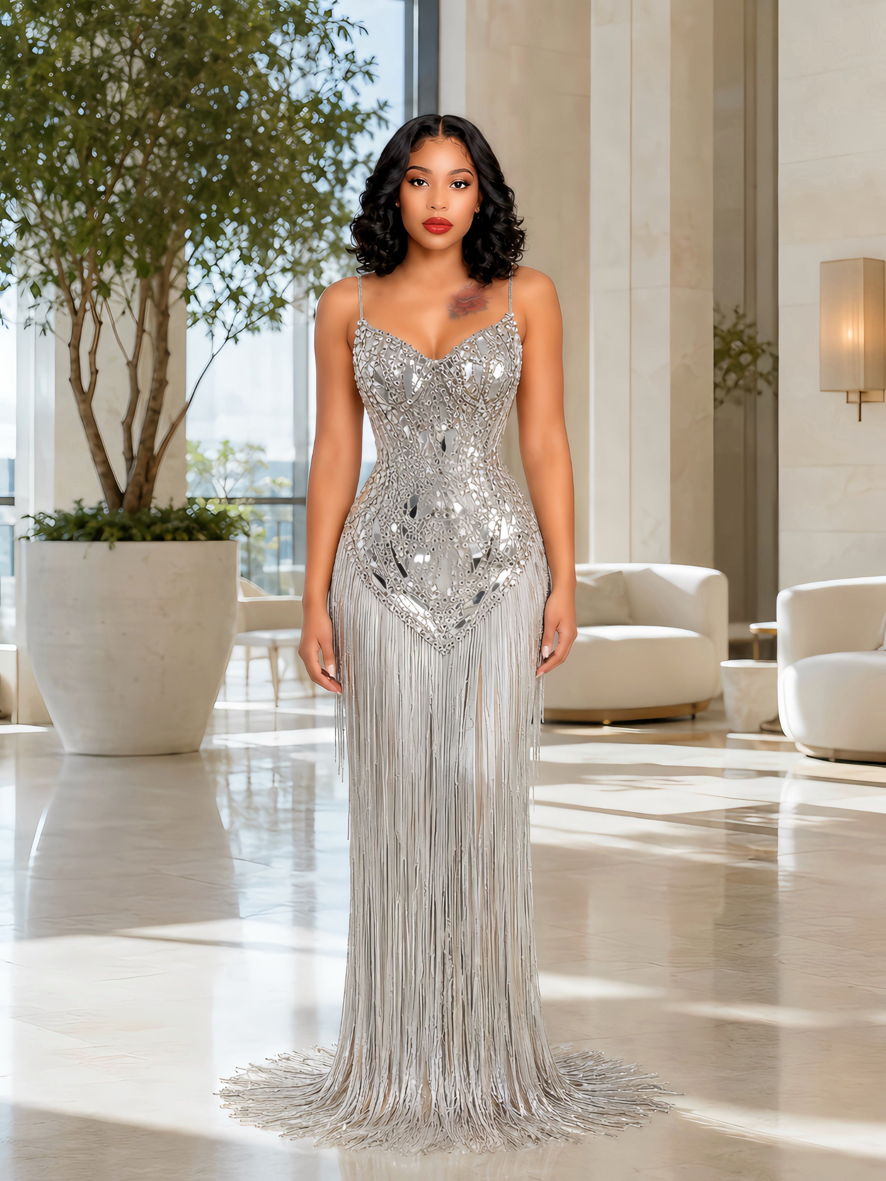 silver crystal fringe gown