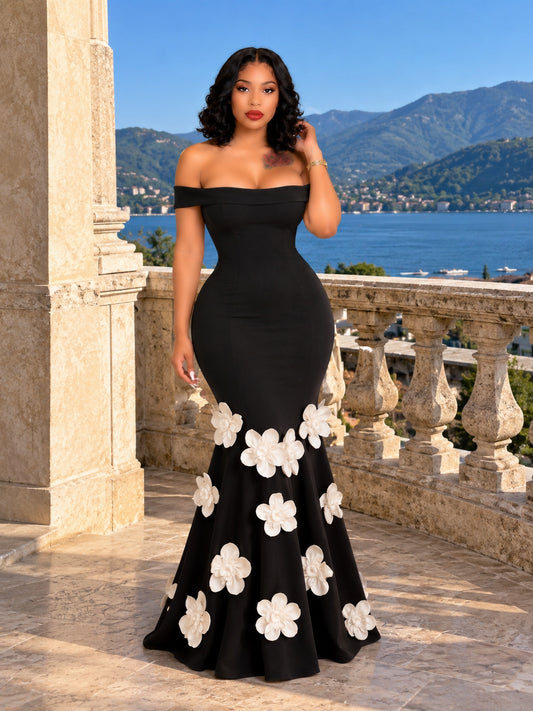 Bardot Floral Mermaid Maxi Dress Black White