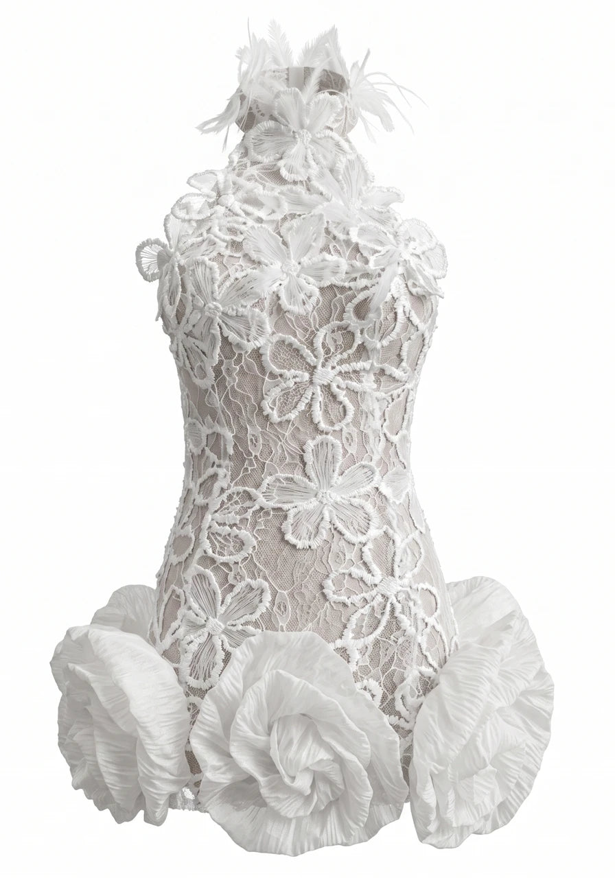 Floral Feather Lace Dress White