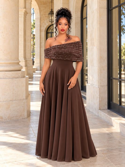 Embellished Bardot A Line Maxi Dress Brown