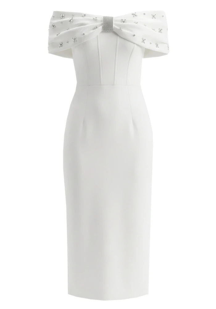 Crystal Embellished Draped Bardot Midi Dress White
