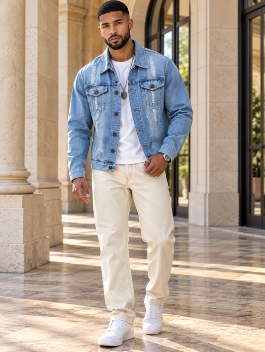 Men's Plus Size Distressed Slim Fit Denim Jacket
