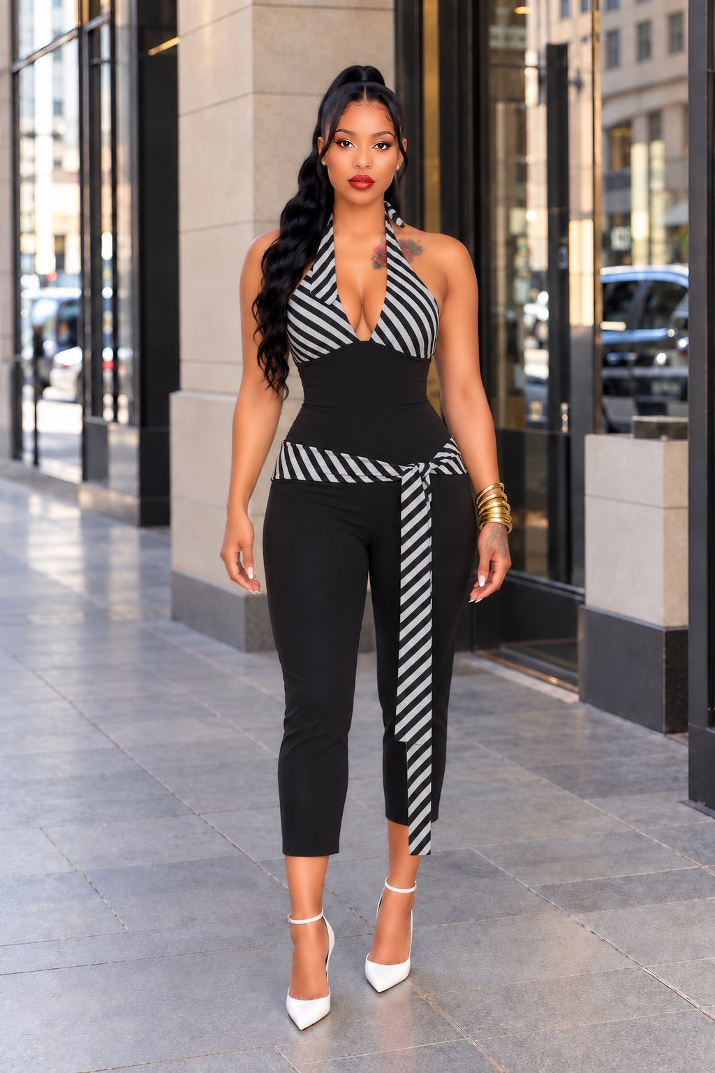 Street Casual Striped Strap Halter Jumpsuit Sexy Deep V Plunge neck Backless One Piece