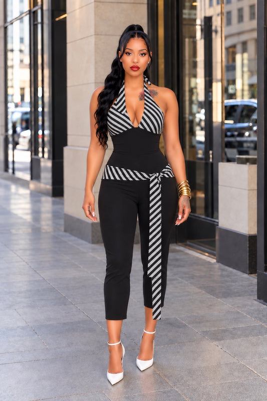Street Casual Striped Strap Halter Jumpsuit Sexy Deep V Plunge neck Backless One Piece
