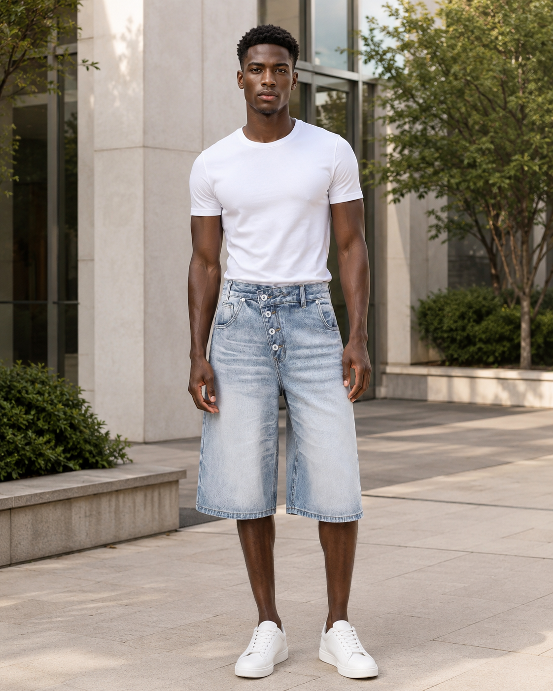 Men's High-Waisted Asymmetric Button-Fly Wide-Leg Denim Capris