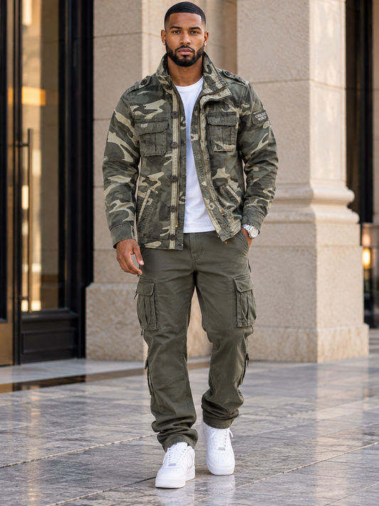Men's Full Size Camouflage Multi-Pocket Jacket Plus Size