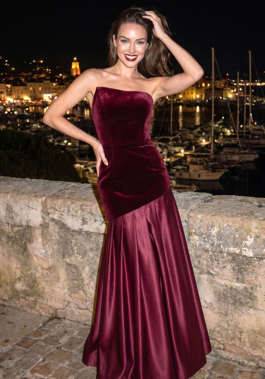 Strapless A Line Maxi Velvet Dress Burgundy