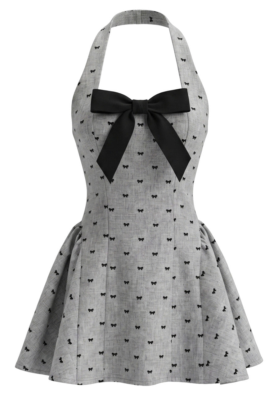 Halter Bow Detail A Line Dress Grey