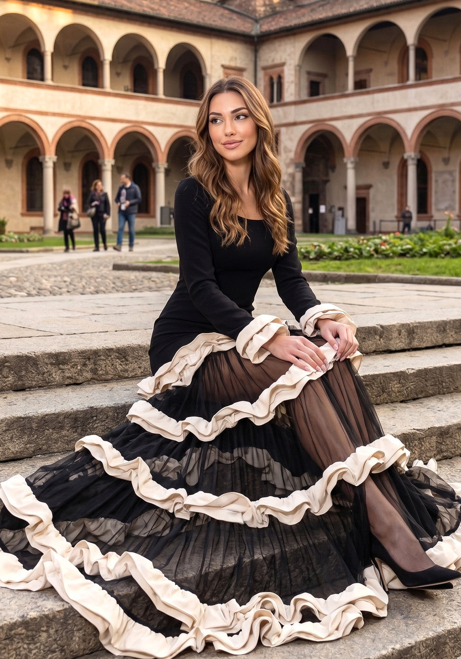 Long Sleeve Ruffle Mesh A Line Maxi Dress Black